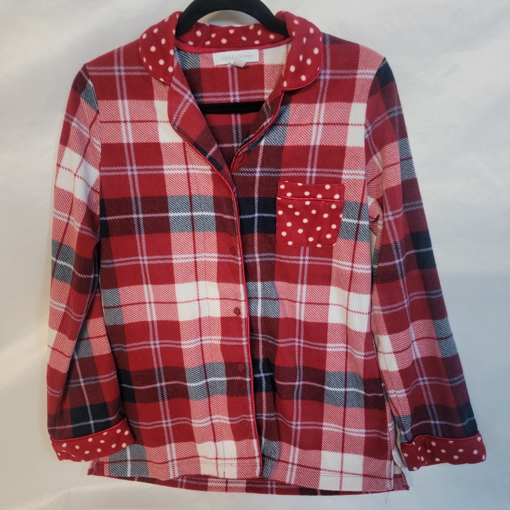 Women's Fleece Pajama Set with Polka Dot Trim In Red Plaid Size Small - Picture 2 of 12